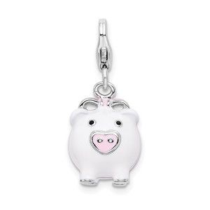 925 Sterling Silver Polished 3-D Enameled Pig Bracelet Charm Lobster Clasp